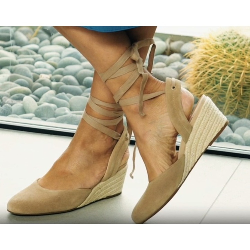 ABEO Veranda Espadrille Lace Up Tan Suede Wedge Sandals Womens 7.5 Excellent